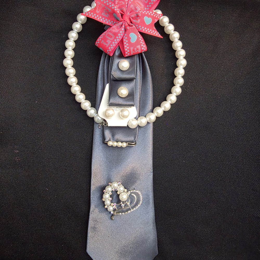 Gray Necktie with Pearl Accents and Pink Bow